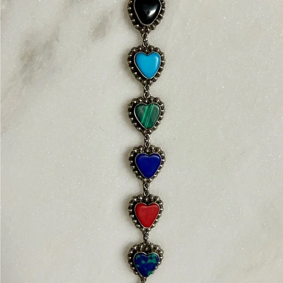 Vintage ~ Multi-Colors Gemstones Heart Shaped ~ .925 Sterling Silver Bracelet - Picture 5 of 15